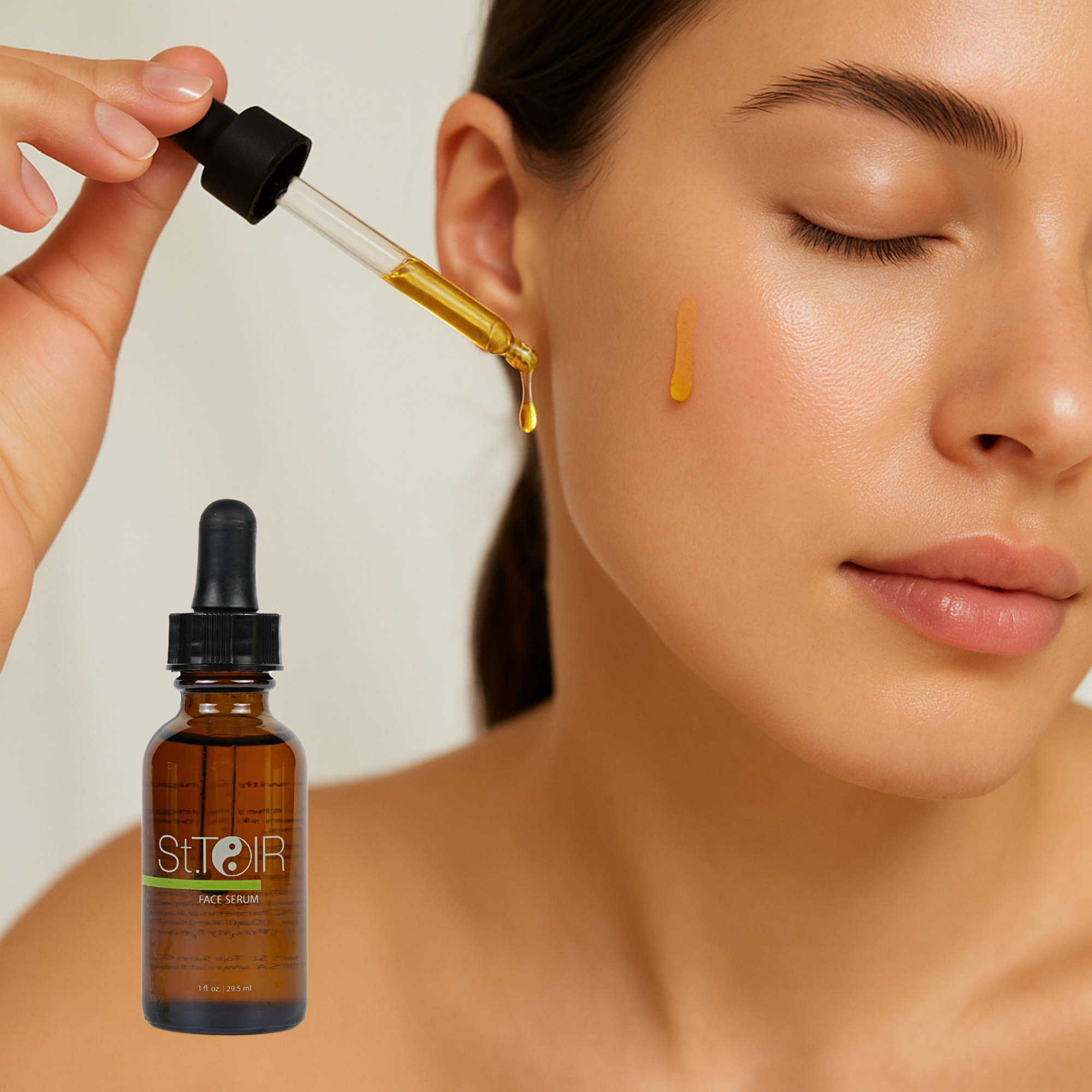 Woman applying oil to ear with dropper, St. Oir bottle shown.