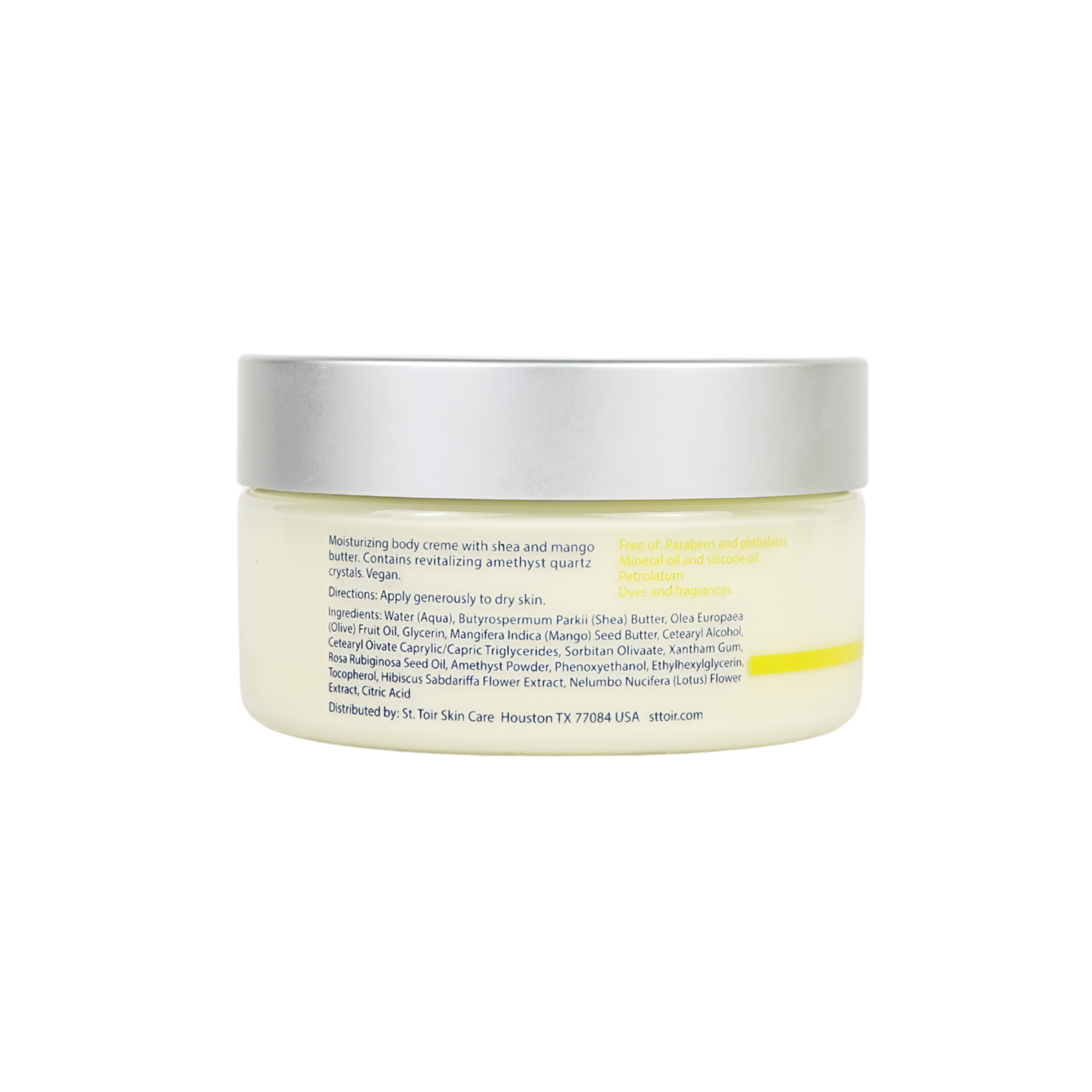 Jar of body cream with silver lid on a white background