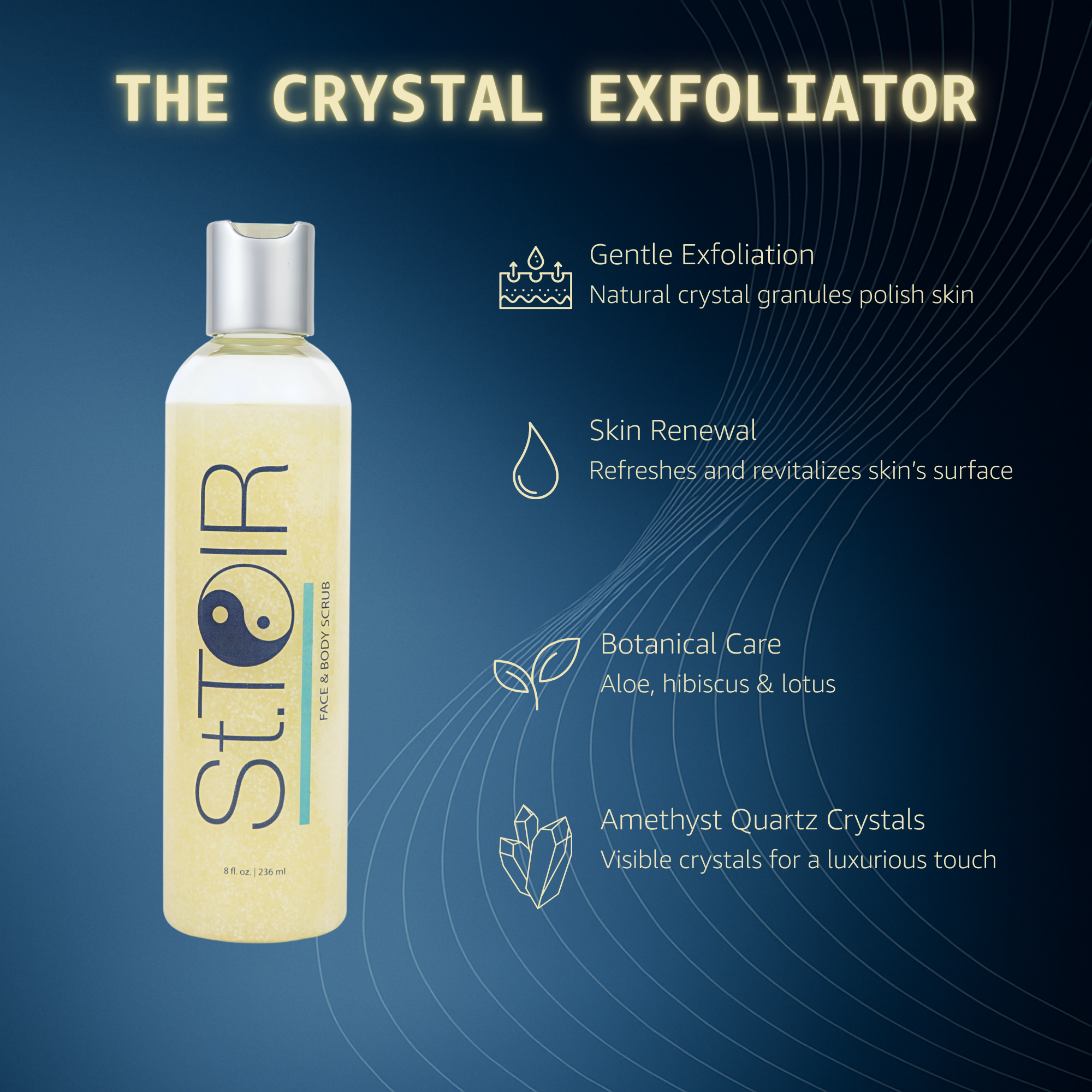 Setoir crystal exfoliator bottle with product features on a blue background