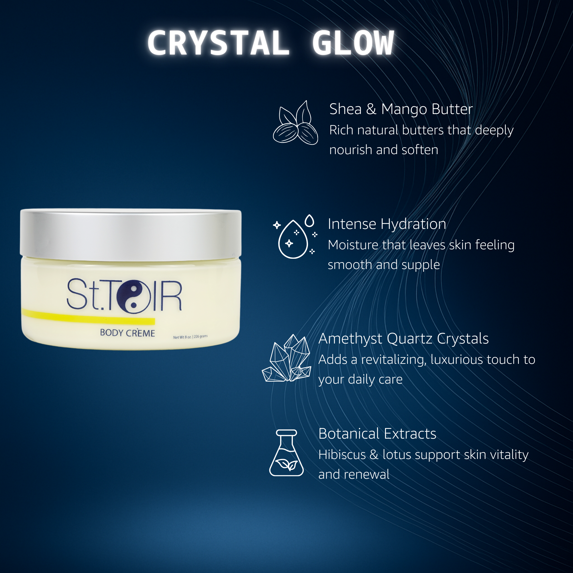 St. Toir body crème jar with product features on a blue background