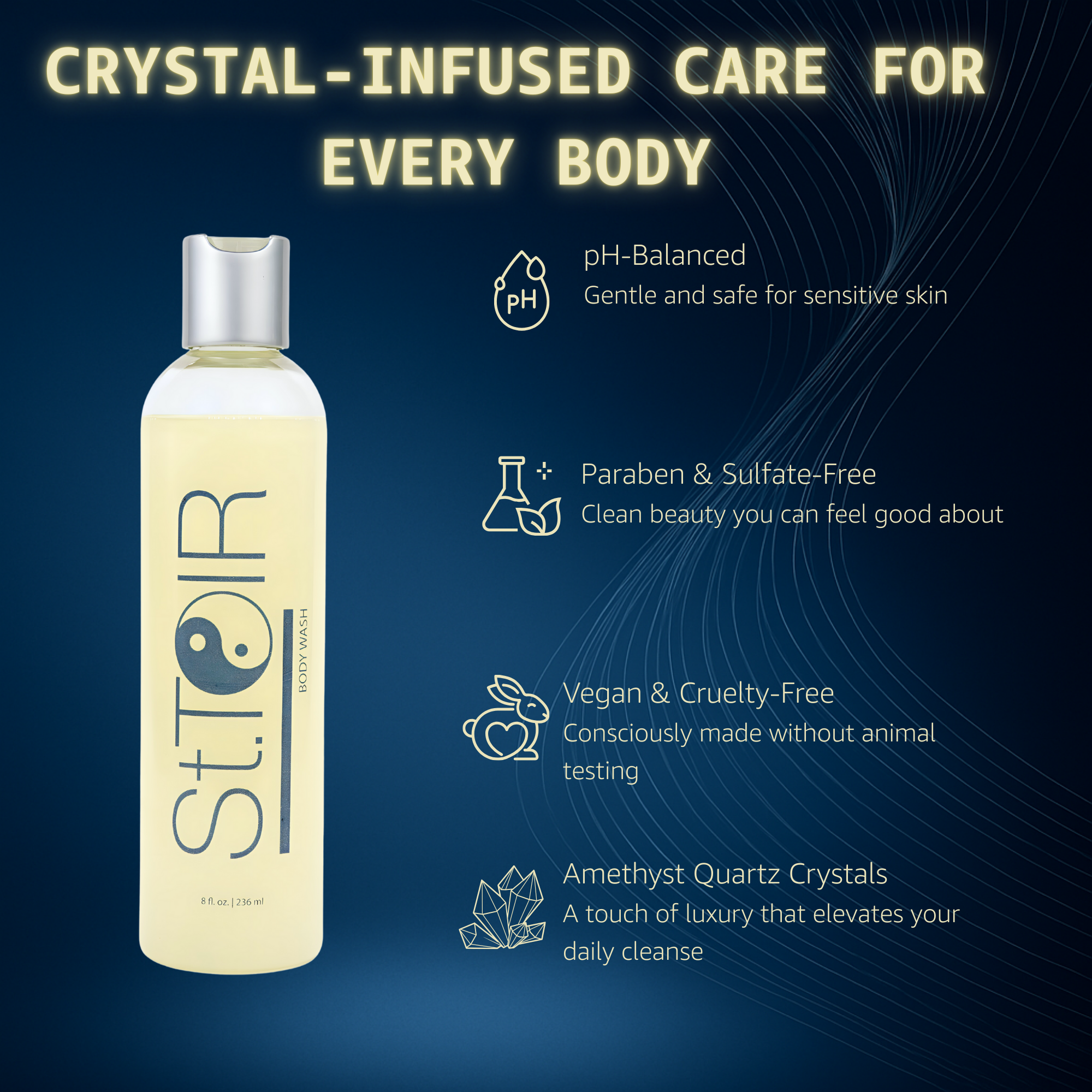 Bottle of St.oir product with crystal-infused care features on a dark blue background